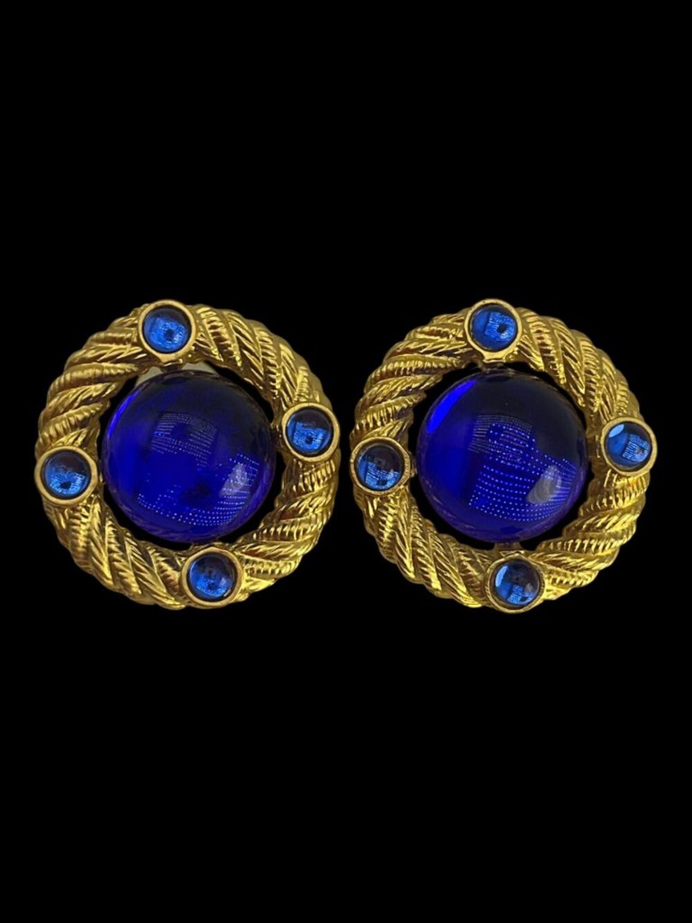 Vintage 70's Park Lane Gold-Tone Earrings Royal Blue Cabochons Glass Old Money